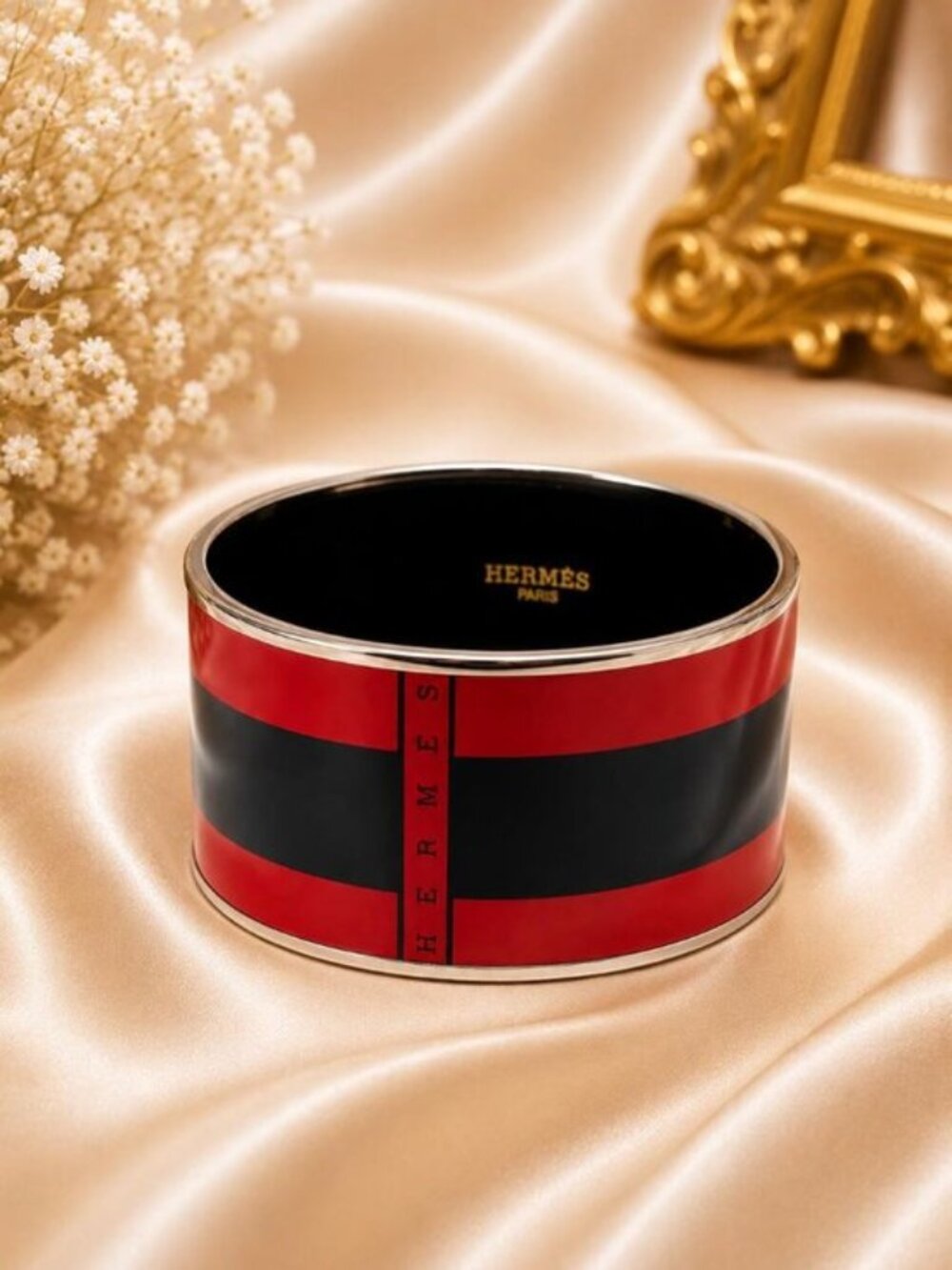 Authentic Hermès Paris Red & Black Enamel Wide Bangle Bracelet Silver Tone
